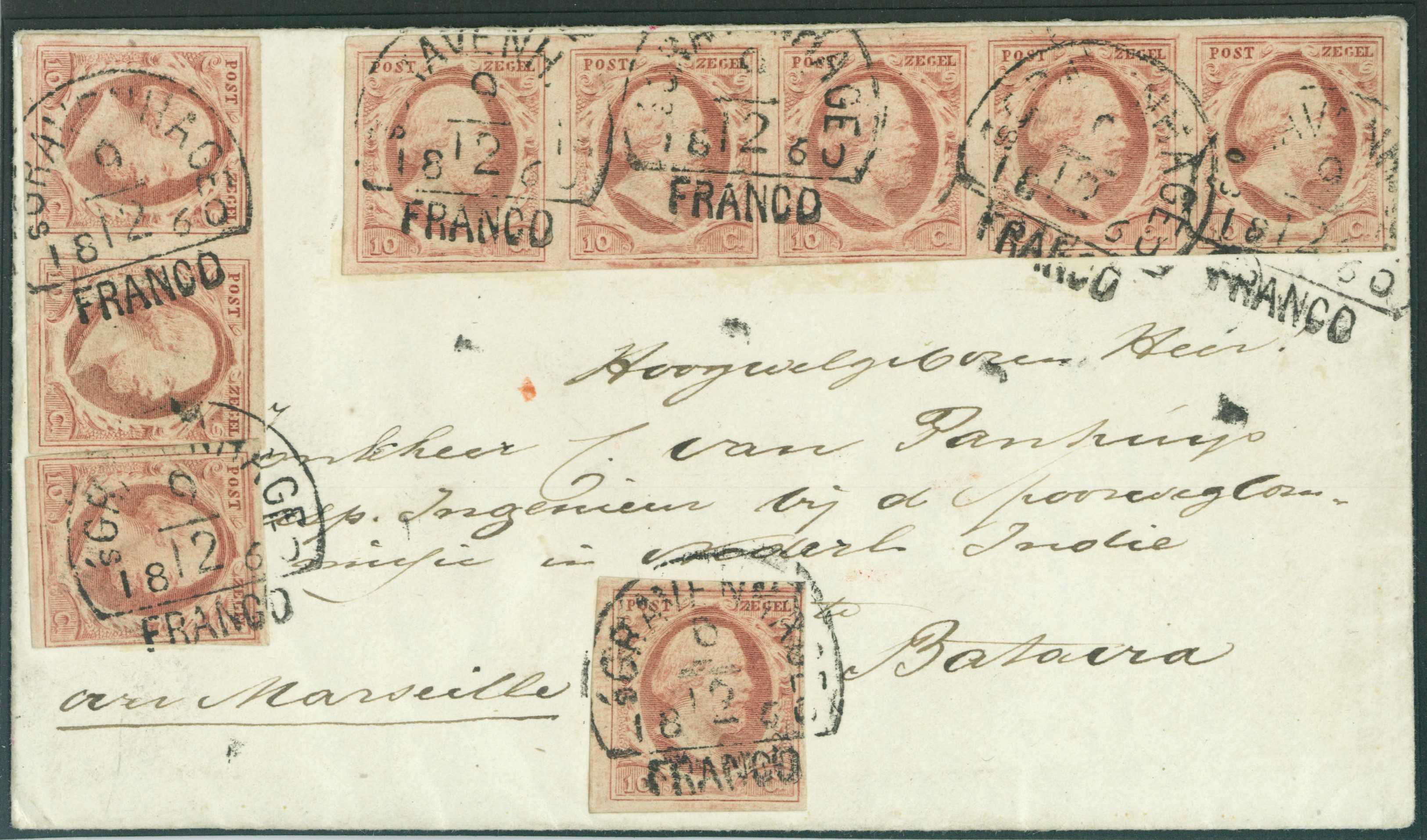 Strip van 5, paar en 2 losse ex. = 90 cent frankering naar Batavia