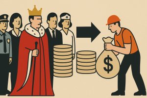 De elite en haar hofhouding van iedere samenleving laat de verdieners hun kosten en privileges betalen.