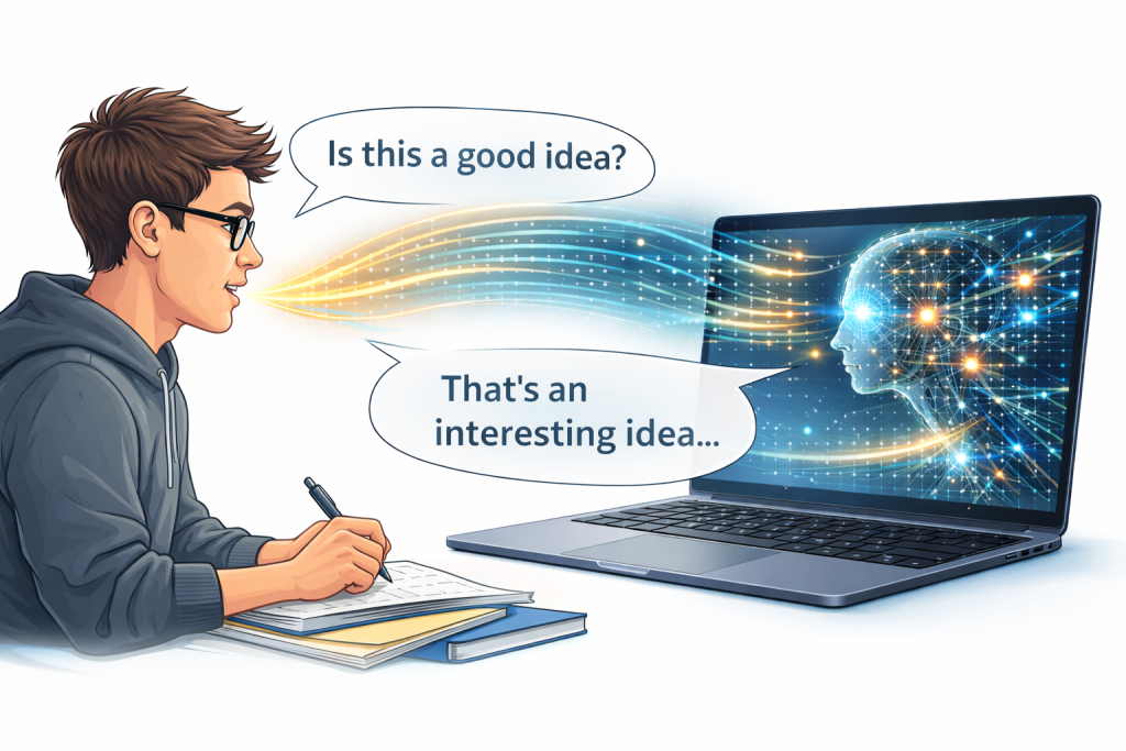 Student praat met een AI-chatbot op een laptop; het systeem reageert op zijn vraag en illustreert hoe taalmodellen antwoorden genereren op basis van de prompt.