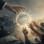 Conceptuele illustratie waarin een AI-cloud wordt betwist tussen institutionele macht en gewone burgers die AI gebruiken als werktuig voor kennis, analyse en organisatie.
