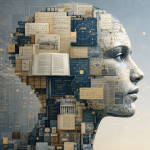 Abstract AI-profiel opgebouwd uit boeken, documenten, kaarten, code en archiefmateriaal, als beeld van kunstmatige intelligentie gevormd door menselijke cultuur en civilisatie.