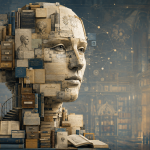 Menselijk hoofd opgebouwd uit boeken, documenten en archiefmateriaal als verbeelding van intelligentie die ontstaat uit vele afzonderlijke niet-denkende onderdelen.