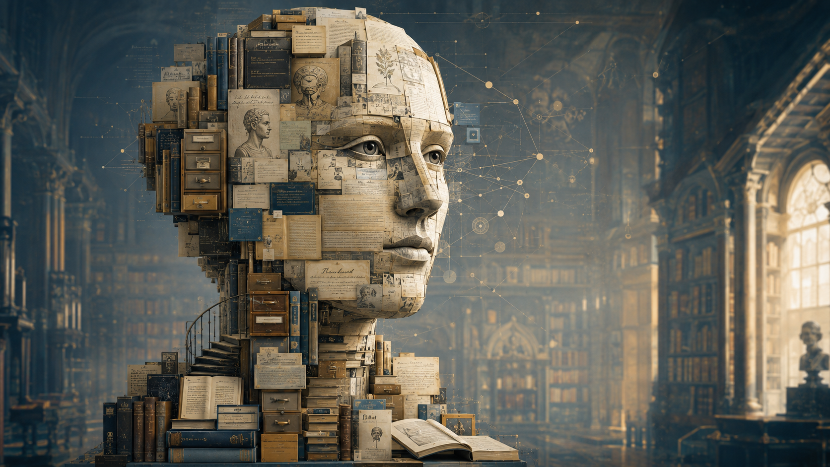 Menselijk hoofd opgebouwd uit boeken, documenten en archiefmateriaal als verbeelding van intelligentie die ontstaat uit vele afzonderlijke niet-denkende onderdelen.