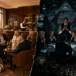Elitaire tennisclub tegenover een denkbeeldig geheim commandocentrum van een machtspiramide