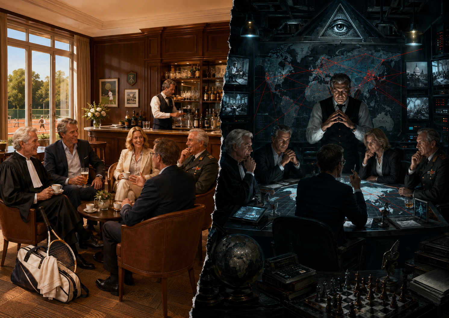 Elitaire tennisclub tegenover een denkbeeldig geheim commandocentrum van een machtspiramide