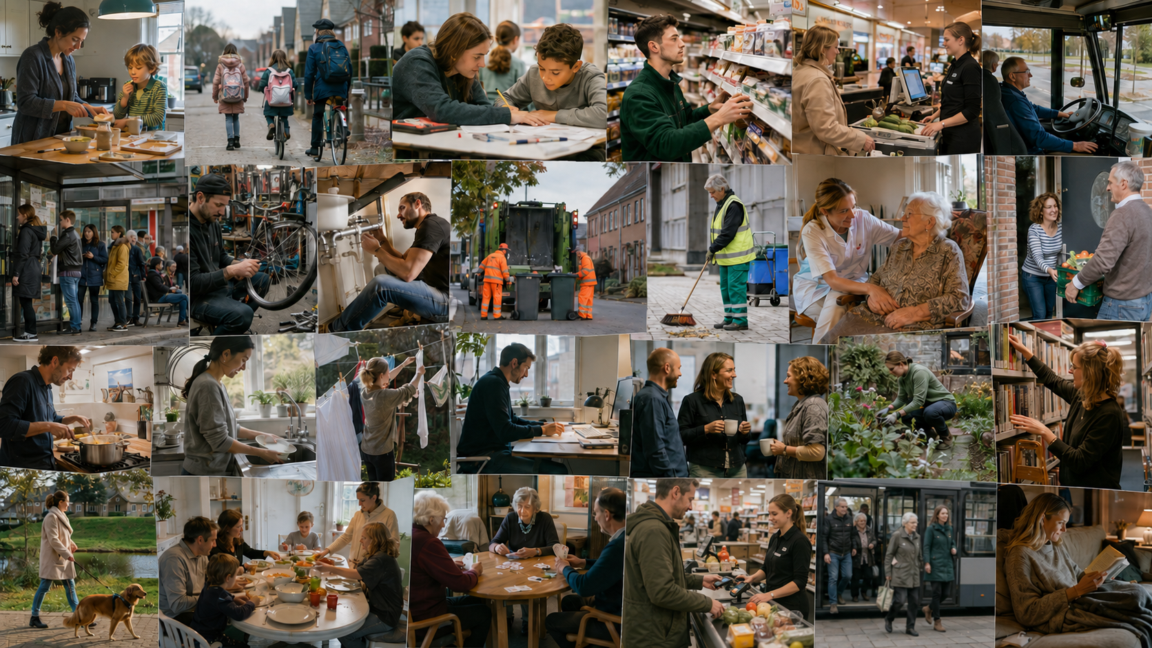 Collage van mensen die koken, schoonmaken, werken, zorgen, repareren, afrekenen en uit een bus stappen