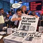 Krantenredactie die genuanceerd AI-onderzoek omzet in sensationele koppen over AI die liegt, kwaadaardig wordt en met onze levens speelt.