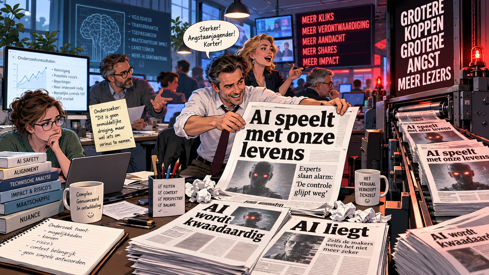 Krantenredactie die genuanceerd AI-onderzoek omzet in sensationele koppen over AI die liegt, kwaadaardig wordt en met onze levens speelt.