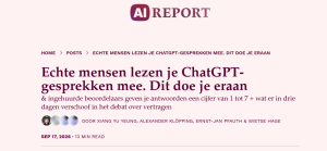 Screenshot van AI Report met de kop ‘Echte mensen lezen je ChatGPT-gesprekken mee. Dit doe je eraan’.