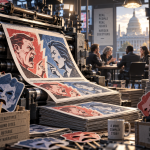 Illustratie van een mediamachine die vereenvoudigde karikaturen van politieke tegenstanders produceert, terwijl echte mensen op de achtergrond met elkaar in gesprek zijn.