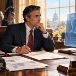 Een president aan zijn bureau weegt documenten en menselijk advies terwijl een AI-interface als extra adviseur op een scherm zichtbaar is.